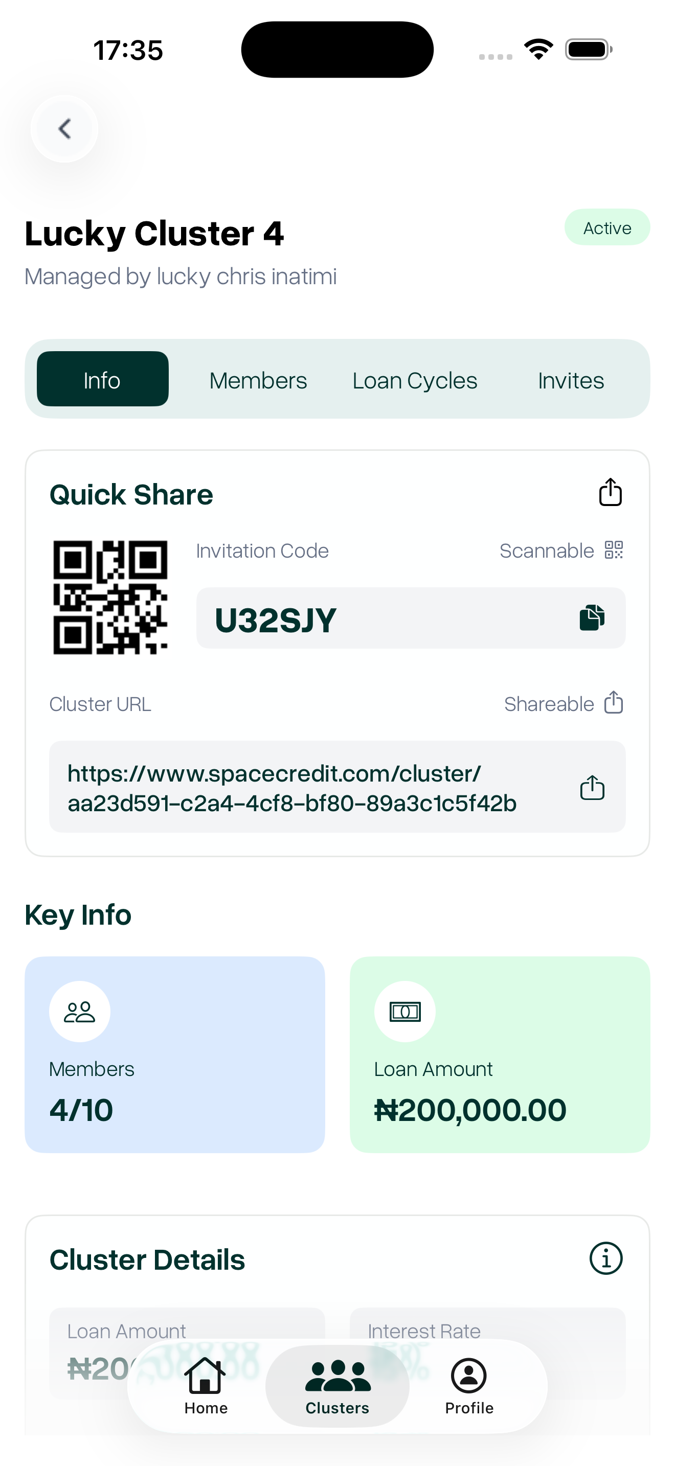 SpaceCredit cluster info screen