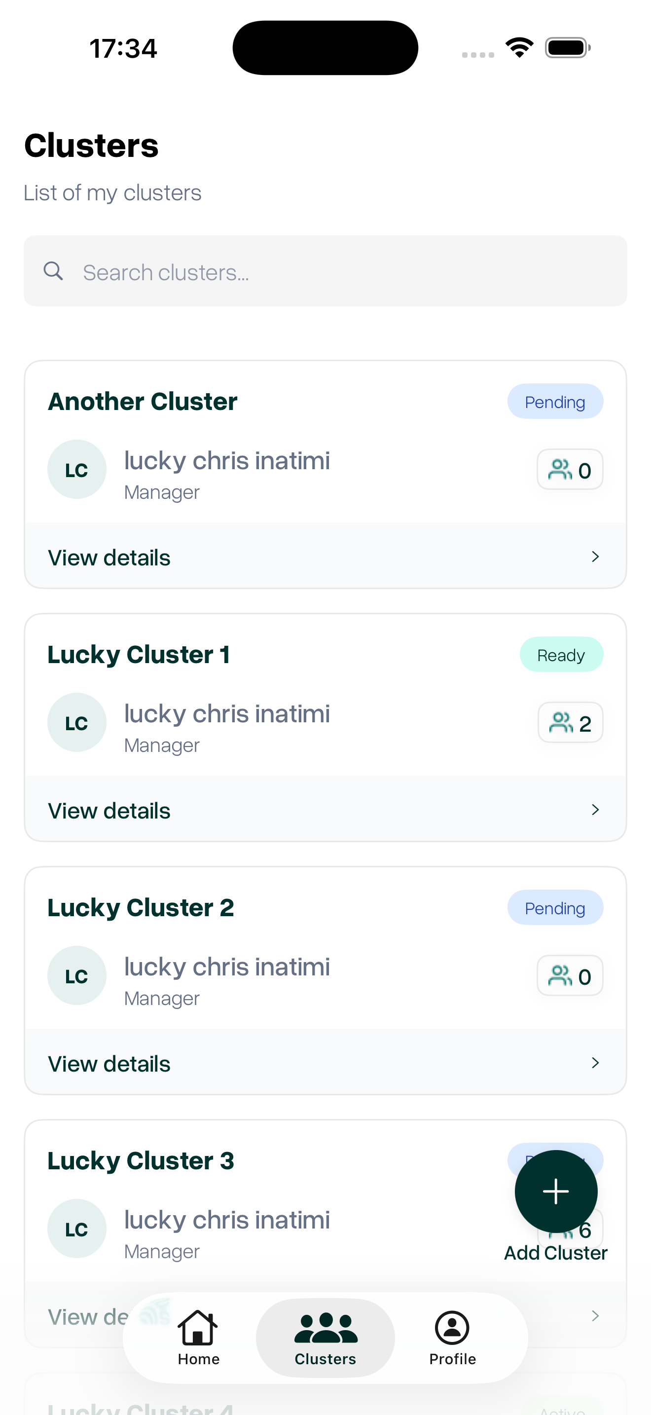 SpaceCredit clusters list